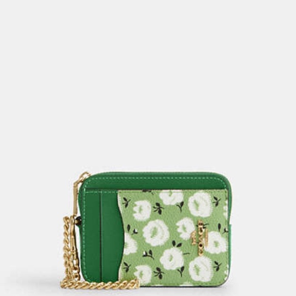 New💚Coach Zip Card Case Green With Floral Print - Picture 1 of 3
